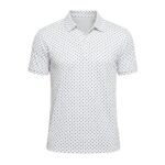 Men’s badminton printed polo performance match shirt front view with abstract graphic design and logo icon, shown on a plain background.
