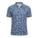Men’s badminton printed polo performance match shirt front view with bold graphic print and chest logo icon, shown on a plain background.