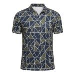 Men’s badminton printed polo performance match shirt front view with bold graphic print and chest logo icon, shown on a plain background.