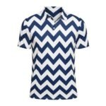 Men’s badminton printed polo performance match shirt front view with bold graphic print and chest logo icon, shown on a plain background.
