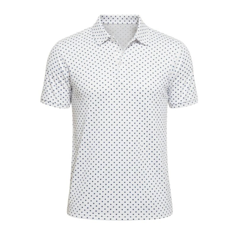 Men’s badminton printed polo performance match shirt front view with abstract graphic design and logo icon, shown on a plain background.