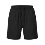 Front view of men’s badminton shorts made from lightweight performance fabric, laid flat on a plain background with a small logo icon near the hem.