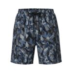 Front view of men’s badminton shorts made from lightweight performance fabric, laid flat on a plain background with a small logo icon near the hem.