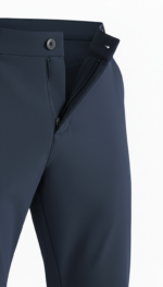 Close‑up view of men’s custom stretch golf and work pants, showing the waistband, pocket opening, and smooth performance fabric texture
