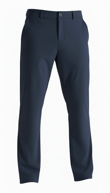 Front view of men’s custom stretch golf and work pants laid flat, showing the tailored waistband, front pockets, and slim, straight‑leg silhouette
