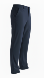 Side view of men’s custom stretch golf and work pants laid flat, showing the side seam, pocket opening, and tapered leg shape