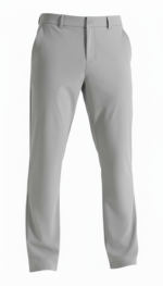 Front view of men’s custom stretch golf and work pants in tan, laid flat to show the waistband, front pockets, and slim straight‑leg cut