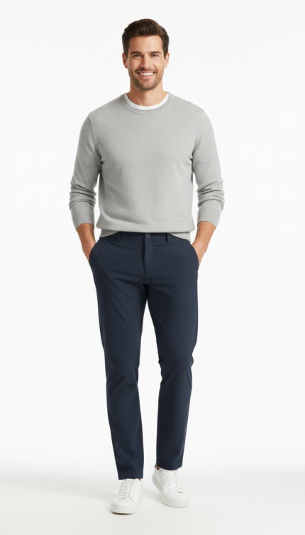 Male model wearing men’s custom stretch golf and work pants, standing in a relaxed pose to show the front fit, leg shape, and overall silhouette.