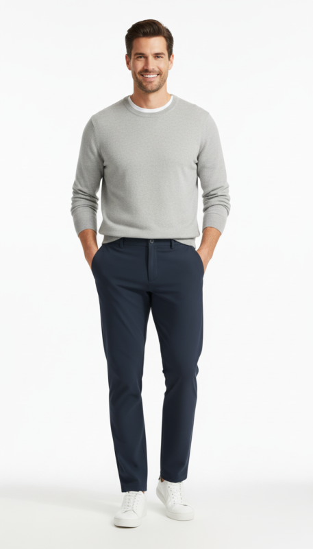 Male model wearing men’s custom stretch golf and work pants, standing in a relaxed pose to show the front fit, leg shape, and overall silhouette.