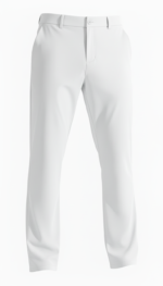 Front view of men’s custom stretch golf and work pants in white, laid flat to show the waistband, front pockets, and slim straight‑leg silhouette