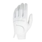 Back view of a men’s left‑hand golf glove in white, showing the smooth outer panel, perforations for breathability, and wrist closure detail