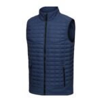 Men’s blue lightweight golf puffer vest shown from the front, with horizontal quilting, full-length zipper, stand-up collar, and a small logo icon on the left chest.