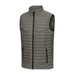 Men’s gray lightweight golf puffer vest shown from the front, with horizontal quilting, a full-length zipper, stand-up collar, and a small logo icon on the left chest.