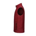 Men’s red lightweight golf puffer vest shown from the side, with horizontal quilting, a high collar, and a small logo icon on the left chest.