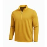 Men’s yellow performance golf quarter‑zip top shown from the front, with a stand collar, half zipper, long sleeves, and a small logo icon on the left chest.