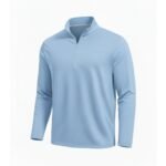 Men’s sky blue performance golf quarter‑zip top shown from the front, with a stand collar, half zipper, long sleeves, and a small logo icon on the left chest.