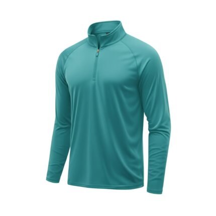 Front view of men’s long sleeve athletic quarter‑zip golf pullover laid flat, showing the mock neck, zipper, long sleeves, and smooth performance fabric