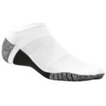 Single men’s low-cut athletic golf sock in solid white, shown flat, featuring a small logo icon on the ankle and subtle ribbed knit for a clean, minimalist look.