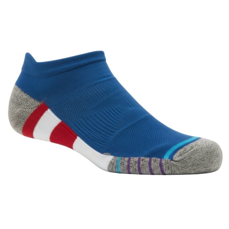 Single men’s low-cut athletic golf sock in white with gray heel and toe, shown from the side, featuring a small logo icon on the ankle and breathable knit panels.