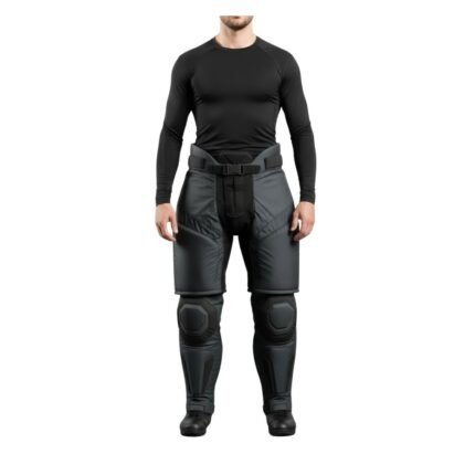 Model wearing men’s senior fitted ice hockey pants, angled front view, showing padded protection and adjustable waist.