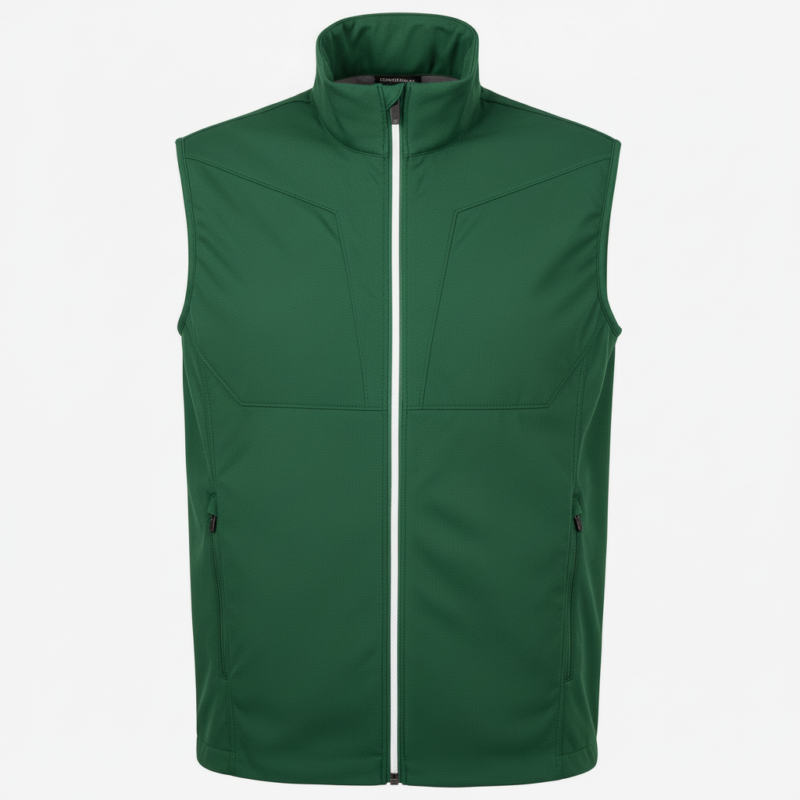 Men’s green lightweight softshell golf vest jacket shown from the front, with a full-length zipper, stand-up collar, zippered hand pockets, and a small logo icon on the left chest