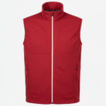 Men’s red lightweight softshell golf vest jacket shown from the front, with a full‑length zipper, stand‑up collar, zippered hand pockets, and a small logo icon on the left chest.