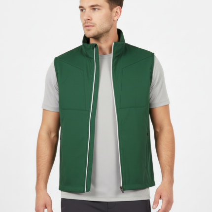 Man wearing a green lightweight softshell golf vest jacket over a long‑sleeve top on the course, with a full‑length zipper, stand‑up collar, zippered hand pockets, and a small logo icon on the left chest.