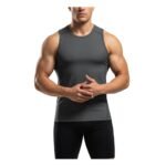 Model wearing mens MMA sleeveless vest shirt demonstrating training fit for martial arts workouts