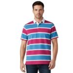 Male model wearing a men’s custom rugby short sleeve dry fit polo shirt with buttoned collar and front logo icon, standing against a plain background.