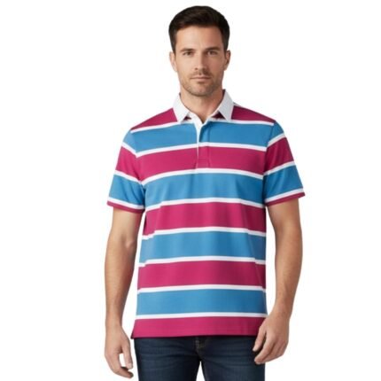 Male model wearing a men’s custom rugby short sleeve dry fit polo shirt with buttoned collar and front logo icon, standing against a plain background.