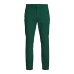 Front view of men’s slim‑fit stretch golf pants laid flat, showing the tapered leg, waistband, and front pockets in lightweight, moisture‑wicking stretch fabric