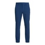 Front view of men’s slim‑fit stretch golf pants laid flat, showing the narrow leg, waistband, and front pockets in lightweight, moisture‑wicking stretch fabric.