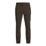 Front view of men’s slim‑fit stretch golf pants laid flat, showing the tapered leg, waistband, and front pockets in lightweight, moisture‑wicking stretch fabric