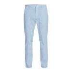 Front view of men’s slim‑fit stretch golf pants laid flat, showing the tapered leg, waistband, and front pockets in lightweight, moisture‑wicking stretch fabric.