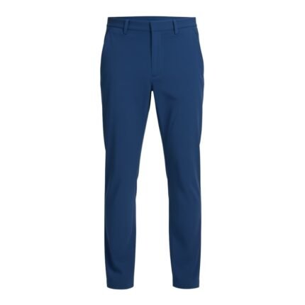 Front view of men’s slim‑fit stretch golf pants laid flat, showing the narrow leg, waistband, and front pockets in lightweight, moisture‑wicking stretch fabric.
