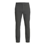 Front view of men’s slim‑fit stretch golf pants laid flat, showing the tapered leg, waistband, and front pockets in lightweight, moisture‑wicking stretch fabric