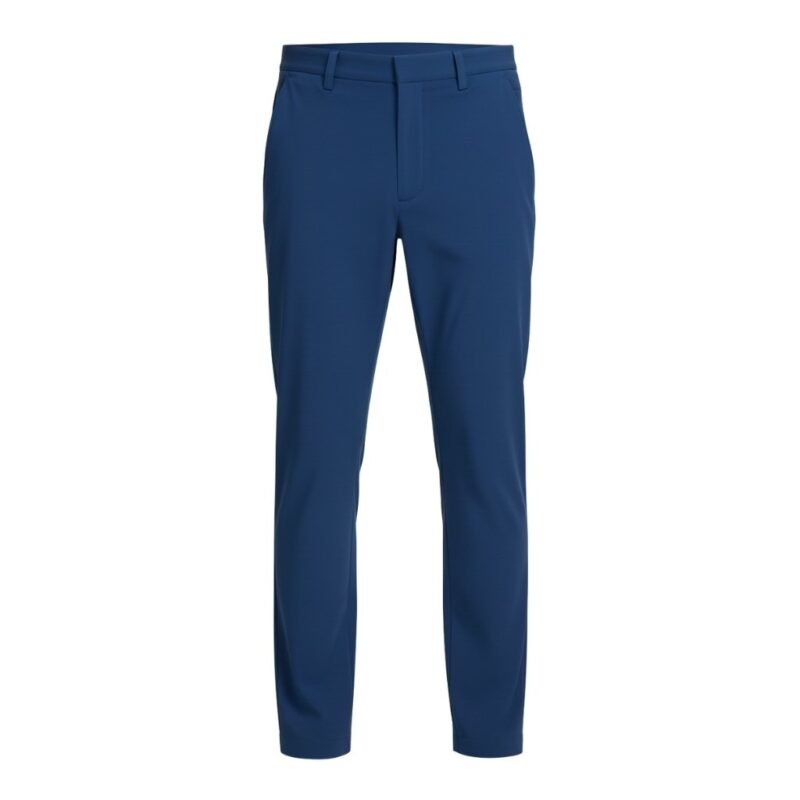 Front view of men’s slim‑fit stretch golf pants laid flat, showing the narrow leg, waistband, and front pockets in lightweight, moisture‑wicking stretch fabric.
