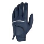 Men’s left‑hand golf glove in white shown from the back of the hand, highlighting the logo patch, flexible knuckle zones, and breathable perforations for comfort and movement.