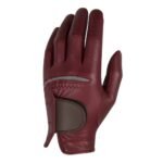 Men’s left‑hand golf glove in white shown from a straight-on front view, highlighting the palm area, perforations, grip texture, and adjustable wrist tab.