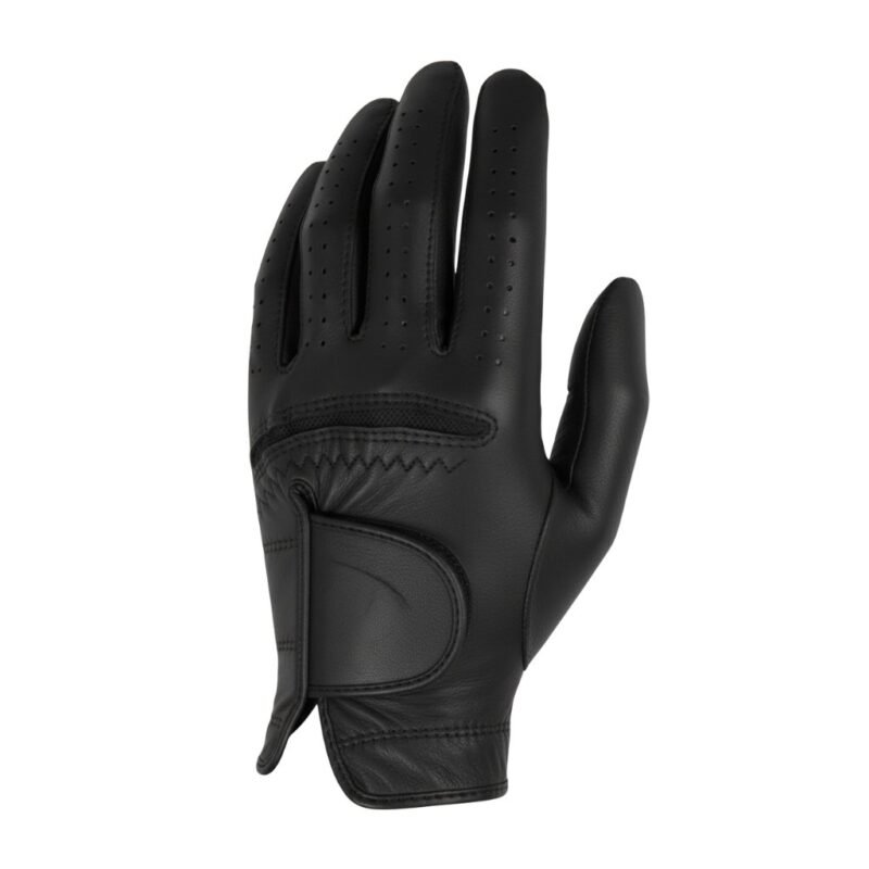 Front view of a men’s left‑hand golf glove in white, showing the palm side with textured grip details, perforations, and adjustable wrist closure.