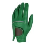 Men’s left‑hand golf glove in white shown from an angled front view, highlighting the palm, perforations, grip texture, and adjustable wrist tab.