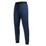 Front full view of men’s basketball joggers laid flat, featuring a tapered leg, elastic waistband with drawcord, side pockets, and a small hip logo icon.