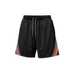 Front view of men’s basketball shorts in black, laid flat to show the relaxed athletic fit, elastic waistband with drawcord, and small logo icon near the hem.