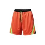 Front view of men’s basketball shorts in rosso ruggine red, laid flat to show the relaxed athletic fit, elastic waistband with drawcord, and small logo icon near the hem.