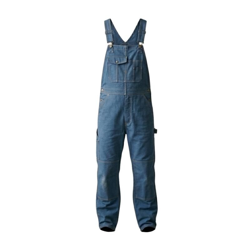Men’s overalls, front view on plain background.