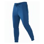 Front view of men’s rugby joggers in blue with elastic waistband, drawstring, tapered legs, and ankle cuffs, displayed on a plain background.