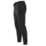 Side view of men’s rugby joggers in dark color showing the elastic waistband, tapered leg, and ankle cuff, displayed on a plain background.