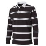 Front view of premium men’s rugby long sleeve shirt in black with buttoned collar and chest logo icon, displayed on a plain background.