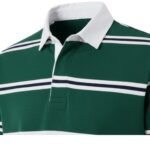 Close-up front view of premium men’s rugby long sleeve shirt showing the buttoned collar, chest placket, and small front logo icon on soft fleece-lined fabric.