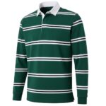 Front view of premium men’s rugby long sleeve shirt with buttoned collar and chest logo icon, displayed on a plain background.